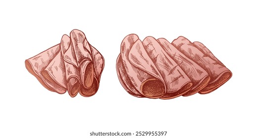 Hand-drawn colored vector sketch of  pork meat, ham slice, prosciutto vintage sketch. Butcher shop. Great for label, restaurant menu. Engraved image.