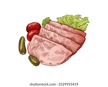 Esboço vetorial colorido desenhado à mão de carne de porco, fatia de presunto, esboço de colheita de presunto. Açougue. Ótimo para etiqueta, menu de restaurante. Imagem gravada.