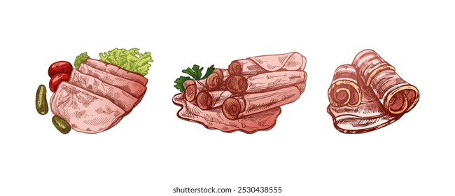 Handgezeichnete farbige Vektorskizze von Schweinefleisch, Schinkenscheibe, Prosciutto Vintage Skizze. Fleischerei. 