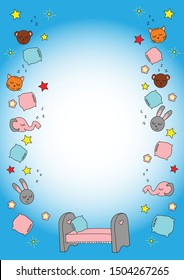 Hand-drawn colored vector template, frame for list of the bed place in kindergarten or children's summer camp with cute sleeping animals on blue background. Blank A4 format