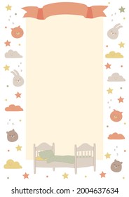 Hand-drawn colored vector template, frame for list of the bed place in kindergarten or children's summer camp with cute sleeping animals. Blank A4 format