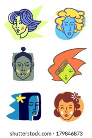 Hand-drawn colored women faces. Logo template. Vector images set.