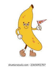 The hand-drawn colorful banana retro character. Vector illustration in trendy retro cartoon style. Fruit, healthy food.