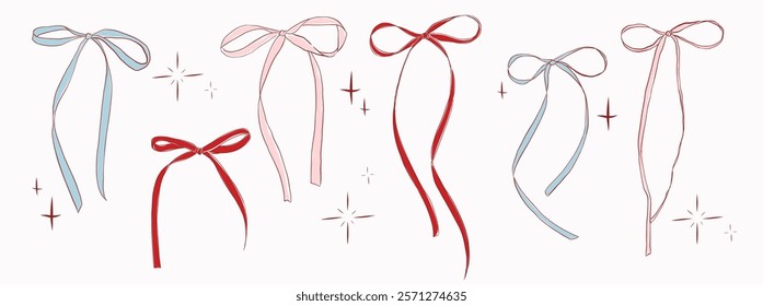 Hand-drawn colorful bows assortment in red, pink, and blue tones featuring flowing ribbons and intricate decorative details. Designed for elegant festive and creative purposes