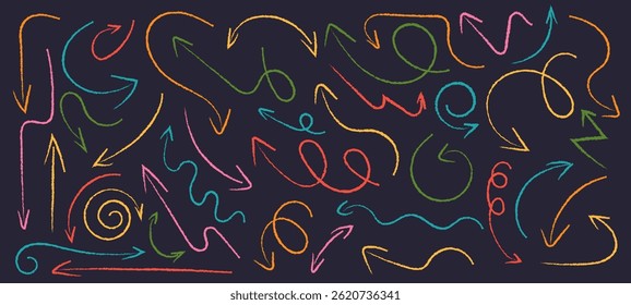 Hand-drawn colorful chalk arrows on a dark background. Set includes swirls, zigzags, loops, curves, and various directions. Ideal for design elements, highlights, and infographics.