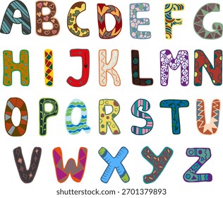 Hand-drawn colorful cheerful font for desing