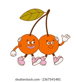 The hand-drawn colorful cherry retro character. Vector illustration in trendy retro cartoon style. Fruit, healthy food.