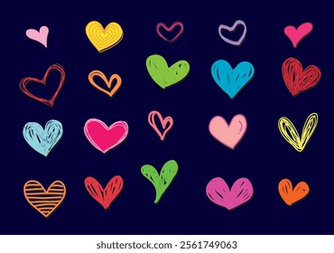 Hand-Drawn Colorful Doodle Hearts – Cute Love-Themed Decorative Vector Design Elements for Valentine's Day and Graphic Design Assets