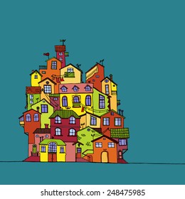 Hand-drawn colorful doodle house. Old european houses building. Colorful city. Cartoon hand drawn vector.
