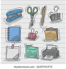 Hand-drawn colorful doodle of office supplies including stapler, scissors, pen, binder clips, notebook, folders, and printer. Perfect for school, office, or planner decoration.