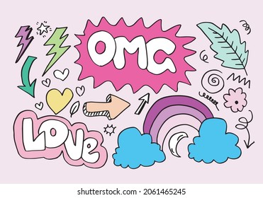 hand-drawn colorful doodle set on pink background.