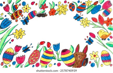 A hand-drawn, colorful Easter-themed border illustration with decorated eggs, a chocolate bunny, a chick, butterflies, flowers, and other nature elements. 