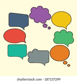 Hand-drawn, colorful empty speech bubbles isolated on beige. Bright vector illustration.