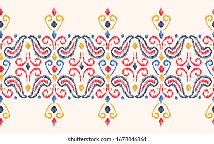 Hand-Drawn Colorful Ethnic Traditional Lace Ikat Boho Vector Seamless Pattern Border. Modern Woven Swirls Geometric Print, Perfect for Textiles, Fashion, Background. Folk Tribal Boho Texture