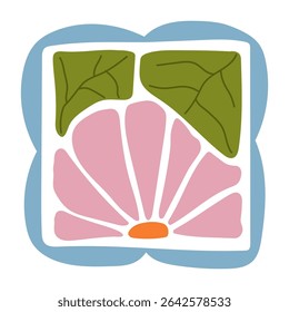 Hand-drawn colorful floral element in a decorative square frame with circular details. Abstract flower petals and leaf design. Perfect for scrapbooking, crafts, textile design, digital art, and decor.