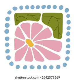 Hand-drawn colorful floral element in a decorative square frame with circular details. Abstract flower petals and leaf design. Perfect for scrapbooking, crafts, textile design, digital art, and decor.