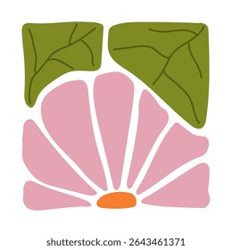 Hand-drawn colorful floral element in a decorative square frame with circular details. Abstract flower petals and leaf design. Perfect for scrapbooking, crafts, textile design, digital art, and decor.