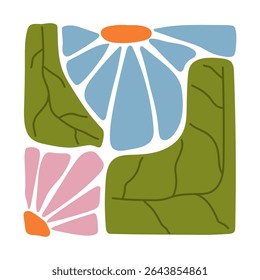 Hand-drawn colorful floral element in a decorative square frame with circular details. Abstract flower petals and leaf design. Perfect for scrapbooking, crafts, textile design, digital art, and decor.