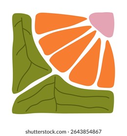 Hand-drawn colorful floral element in a decorative square frame with circular details. Abstract flower petals and leaf design. Perfect for scrapbooking, crafts, textile design, digital art, and decor.
