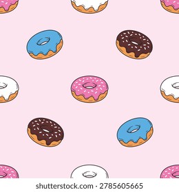 Hand-Drawn Colorful Glazed Donut Seamless Pattern on Pink Background