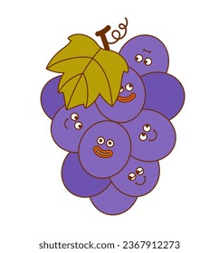 The hand-drawn colorful grape retro character. Vector illustration in trendy retro cartoon style. Fruit, healthy food.