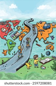Hand-drawn colorful illustration of children walking on a road that connects different continents, symbolizing education, discovery, and global learning. The world is filled with books, art supplies