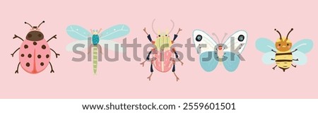 A Hand-Drawn Colorful Insects featuring bee, bug, dragonfly, ladybug and butterfly in a playful style.