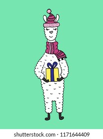 Hand-drawn colorful lama with a christmas gift.