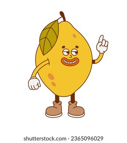 The hand-drawn colorful lemon retro character. Vector illustration in trendy retro cartoon style. Fruit, healthy food.