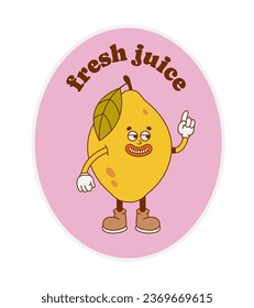 The hand-drawn colorful lemon retro character with a slogan. Vector sticker in trendy retro cartoon style. Fruit, healthy food.