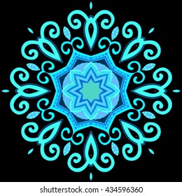 Hand-drawn colorful mandala, lace ornament blue round pattern, vintage decorative element, isolated on black background, EPS 8