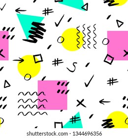 Handdrawn colorful on black background brush stroke seamless pattern. Memphis style pattern. Abstract background.