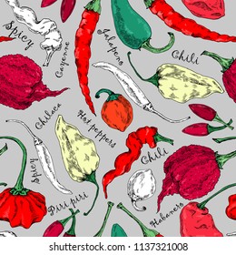 Hand-drawn colorful pattern with different peppers. Sketch style.