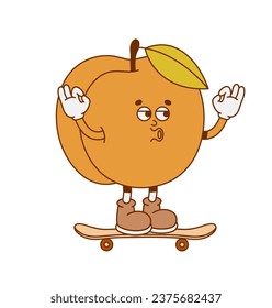 The hand-drawn colorful peach retro character. Vector illustration in trendy retro cartoon style. Fruit, healthy food.