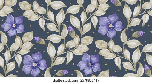 Hand-drawn colorful periwinkle flower seamless pattern, Vinca watercolor botanical texture