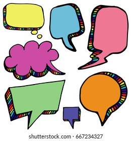 Hand-drawn, colorful rainbow speech bubbles mand thought bubbles