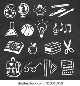 Hand-drawn Colorful School Items Set On Chalkboard. Back To School Vector Icons. 