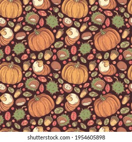 Hand-drawn colorful seamless pattern with rowan berries, pumpkins, chestnuts and leaves. Can be used for gift paper, textile, autumn greeting cards, wallpaper, pattern fill. Vector illustration