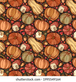 Hand-drawn colorful seamless pattern with rowan berries, pumpkins, acorns and leaves. Can be used for gift paper, textile, autumn greeting cards, wallpaper, pattern fill. Creative vector illustration