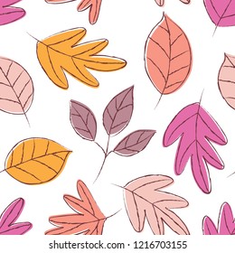 Hand-drawn colorful seamless vector leaf pattern or wallpaper. Artistic hand-illustrated painterly pastel leaves in fall or autumn themed illustration with white background.