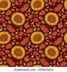 Handgezeichnetes, nahtloses Vektormuster mit Rowaschbeeren, Herbstblättern und Sonnenblumen auf dunklem Hintergrund. Kann für Geschenkpapier, Textilien, Herbstgrußkarten, Tapeten, Musterfüllung verwendet werden