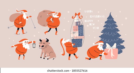 Hand-drawn colorful set of cartoon Santa Claus. Cheerful holiday stories from life of Santa. Meeting Santa with a bull, giving a gift, skiing with a bag of gifts. Vector stock illustration.
