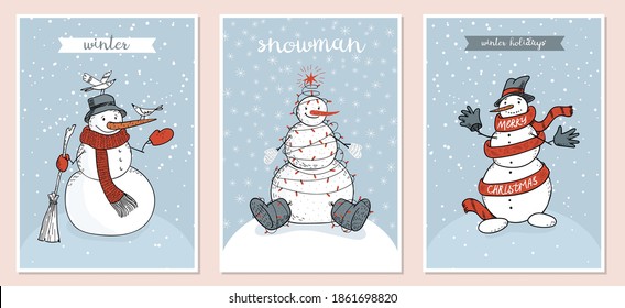 Hand-drawn colorful set of doodle postcards with snowmen. Festive winter cards with a snowman wrapped in a garland like a herringbone, with birds, long scarf and gloves. Vector stock illustration.
