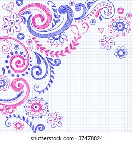 Hand-Drawn Colorful Sketchy Notebook Doodles on Graph (Grid) Paper Vector Illustration