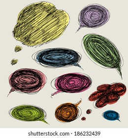 Hand-drawn, colorful speech bubbles