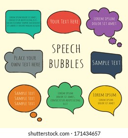 Hand-drawn, colorful speech bubbles collection set with sample text isolated on beige. Vector illustration