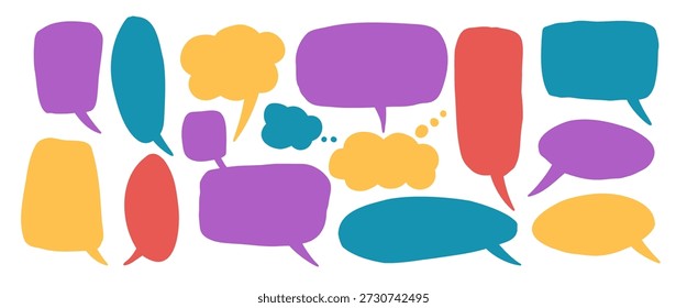 Burbujas de discurso coloridas dibujadas a mano. Doodle marcos simples, perfectos para el diálogo cómico y diseños de chat con juguetón doodle y encanto de los niños. Conjunto de cuadros de texto de voz de Vector rojo, azul y amarillo aislados.