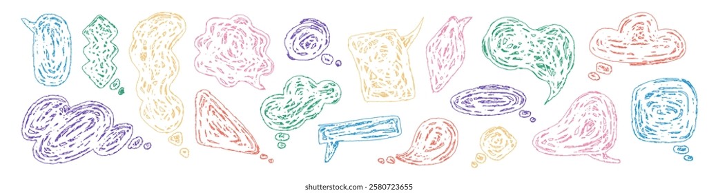 Hand-drawn colorful speech and thought bubbles in various shapes. Doodle sketch style vector illustration isolated on white background. Communication and dialogue concept for design and print