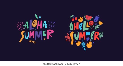 Dibujado a mano colorido arte de tipografía de verano con mensajes de Aloha y Hello Summer sobre fondo oscuro.