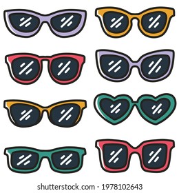 hand-drawn colorful sunglasses doodle art design element illustration. Illustration of a colorful sunglasses set